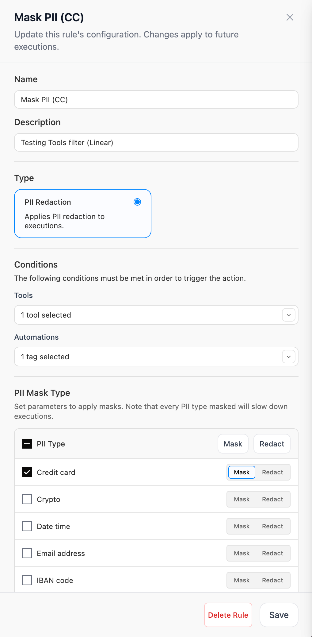 Rule edit side panel with conditions and PII mask type